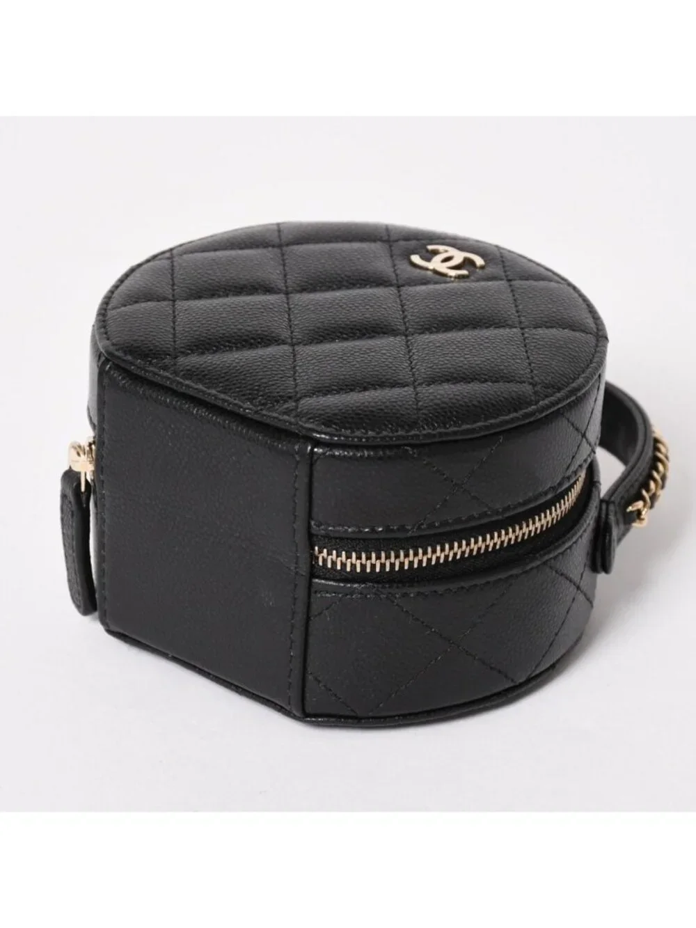 Chanel Small Round Vanity Bag Handbag Stand CC Logo Caviar Leather Black
